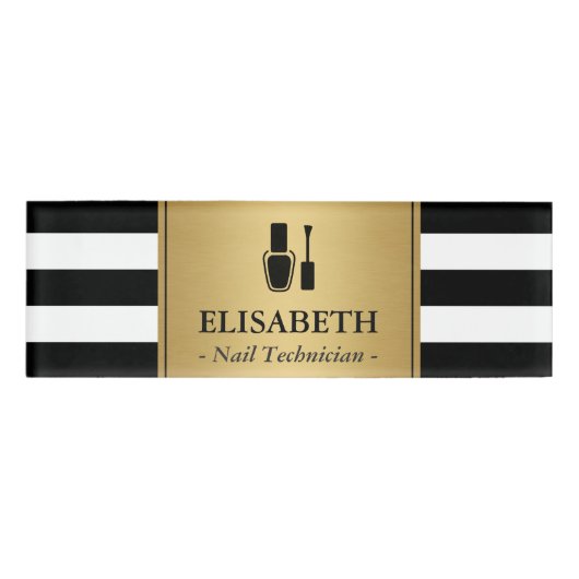 Nail-technicus Logo Gold Black — witte strepjes Naambadge (Voorkant)