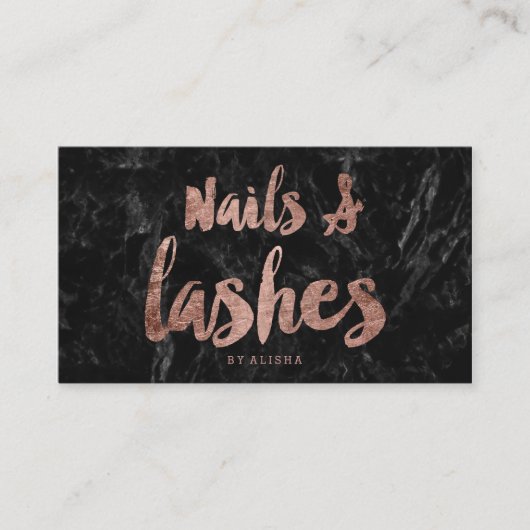 Nails Lashes faux roos Gold script zwarte marmer Visitekaartje (Voorkant)