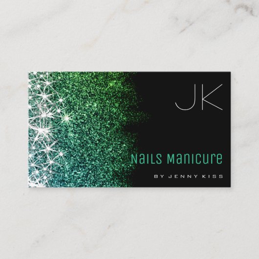 Nails Manicure Lichtgevende Blauwgroen Glitter Sta Visitekaartje (Voorkant)
