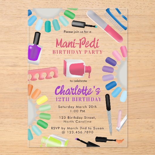 Nails Manicure Pedicure Mani Pedi Girls Birthday Acryl Uitnodigingen (Voorkant)
