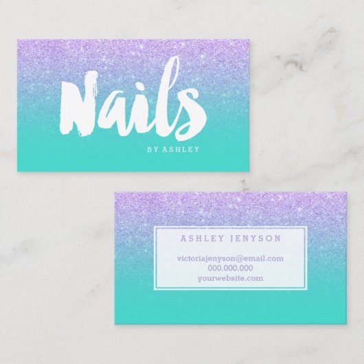 Nails modern typografie lavender glitter turquoise visitekaartje (Voorkant / Achterkant)