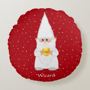 Nain magicien & Or sur Coussin Rond Rouge