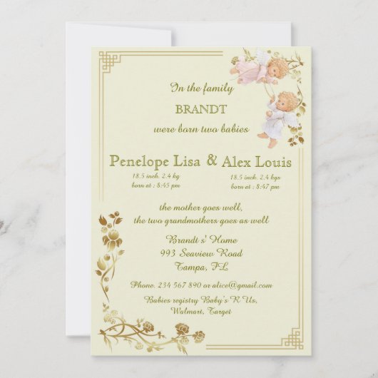 naissance jumeaux bébés faire-part (Devant)