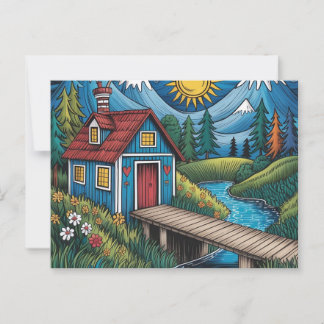 NAIVE Art postcard woodland scene and cabin. Briefkaart
