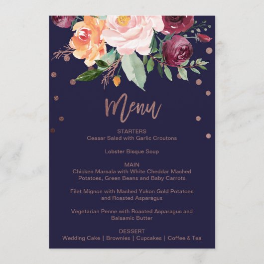 Najaar Floral Roos Gold Dinner Menu Kaart (Voorkant)