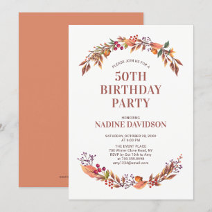 Najaar/Herfst Floral 50th Birthday Party Invitatio Kaart