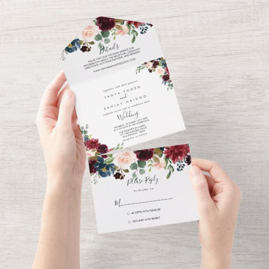 Najaar Rustic Burgundy Calligraphy Wedding All In One Uitnodiging (Afscheurbaar)