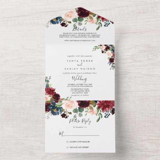 Najaar Rustic Burgundy Calligraphy Wedding All In One Uitnodiging (Binnen)