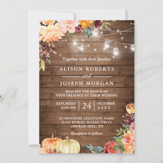 Najaar Rustic Floral Pumpkin String Lights Wedding Kaart (Voorkant)
