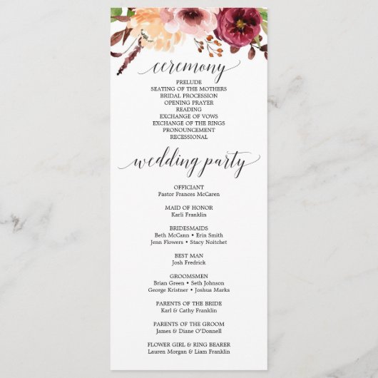 Najaar van het Bliss Wedding Programme Programma (Achterkant)