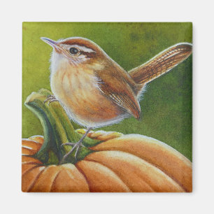 Najaar Wren Bird op Sinaasappel Pumpkin Waterverf Magneet