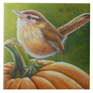 Najaar Wren Bird op Sinaasappel Pumpkin Waterverf  Tegeltje