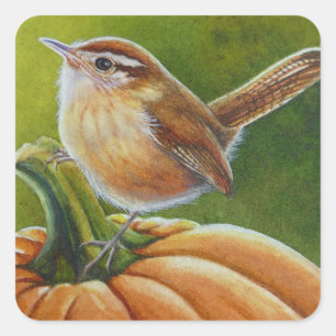 Najaar Wren Bird op Sinaasappel Pumpkin Waterverf Vierkante Sticker