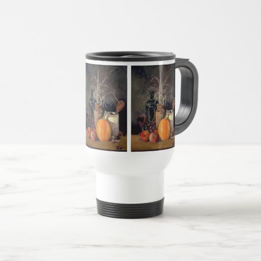 Najaardecorpties op tafel, pompoen, vruchten, Drin Reisbeker (Voorkant rechts)