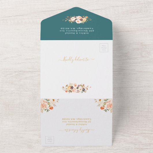 Najaargang Blauwgroen gouden bladeren bloal All In One Uitnodiging (Buitenkant)