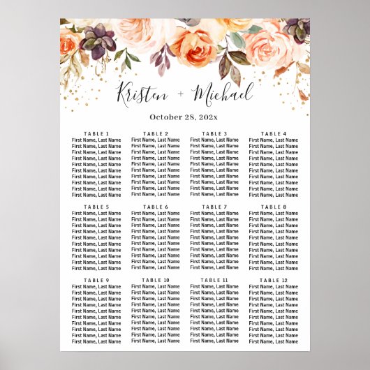 Najaars Floral Gold Glitters Wedding Seding Chart Poster (Voorkant)
