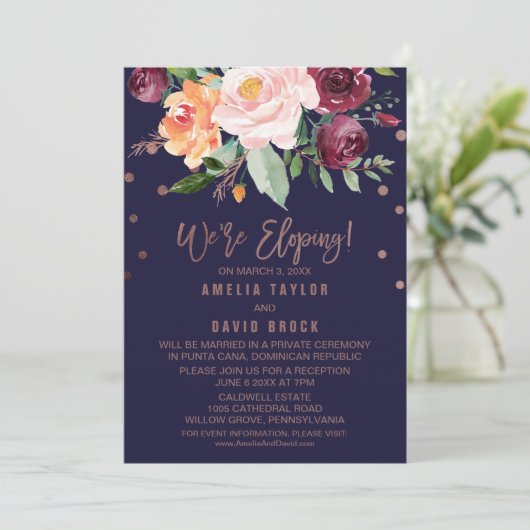 Najaars Floral Roos Gold Elopement Reception Kaart (Staand voorkant)