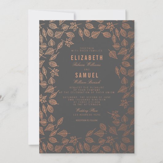 Najaars koper leves Gray Wedding Invitation Kaart (Voorkant)