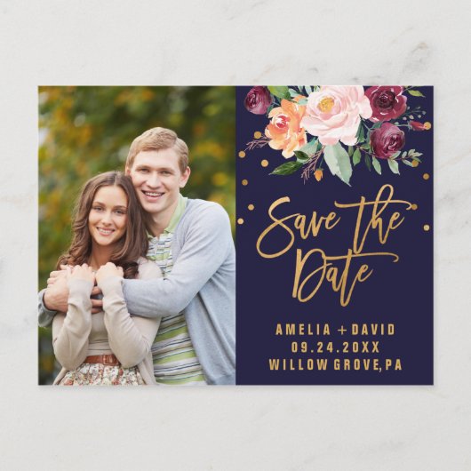 Najaars marine en Gold Save the Date Photo Aankondigingskaart (Voorkant)