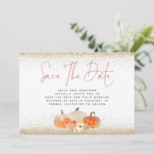 Najaars Pumpkins Gold Glitter QR Code Weddenschap Save The Date (Staand voorkant)