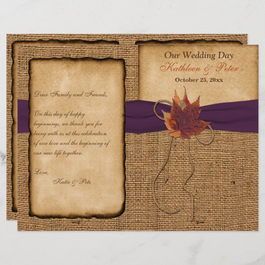 Najaarsbladeren, FAUX Burlap Wedding Program (Voorkant / Achterkant)