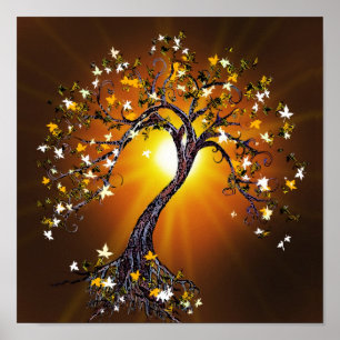 Najaarsboom van de Herfst op zonsondergang Poster