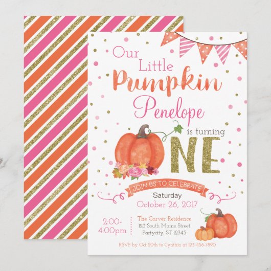Najaarsuitnodiging Little Pumpkin 1st Birthday Inv Kaart (Voorkant / Achterkant)