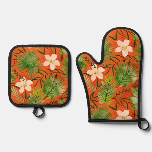 Nalani Hawaiian Tropical Garden Sinaasappel Ovenwant & Pannenlap Set (Voorkant)