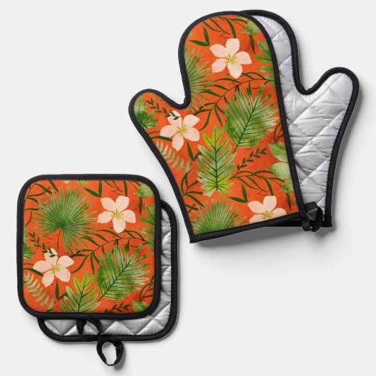 Nalani Hawaiian Tropical Garden Sinaasappel Ovenwant & Pannenlap Set (Voorkant / Achterkant)