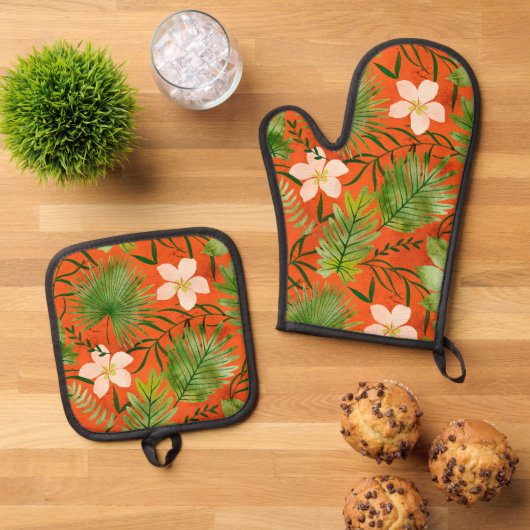Nalani Hawaiian Tropical Garden Sinaasappel Ovenwant & Pannenlap Set (Top down)