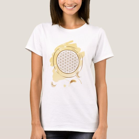 Namaste – T-shirt de yoga avec fleur de vie dorée (Devant)