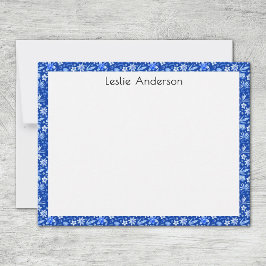 Name, Cobalt Blue Tropical Leaves & Flowers Frame Notitiekaartje