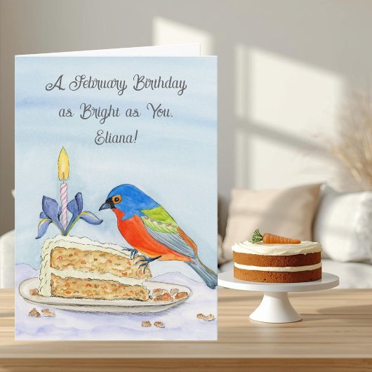 Name Happy February Birthday Painted Bunting Kaart
