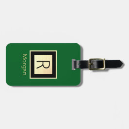 Name & Monogram, Black & Gold Box, Forest Green Bagagelabel
