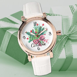 Name, Red & Green Bouquet White Leather Womans Horloge