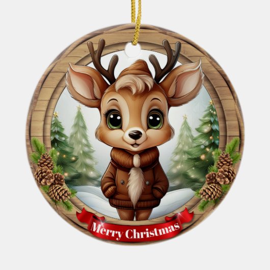 Name Whimsical Reindeer Rustic Holiday Tree 🦌🎄 Keramisch Ornament (Voorkant)