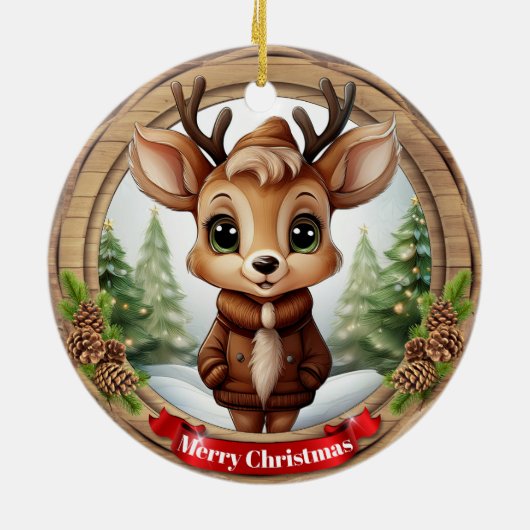 Name Whimsical Reindeer Rustic Holiday Tree 🦌🎄 Keramisch Ornament (Achterkant)