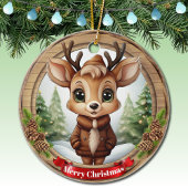 Name Whimsical Reindeer Rustic Holiday Tree 🦌🎄 Keramisch Ornament