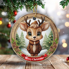 Name Whimsical Reindeer Rustic Holiday Tree 🦌🎄 Keramisch Ornament