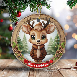 Name Whimsical Reindeer Rustic Holiday Tree 🦌🎄 Keramisch Ornament