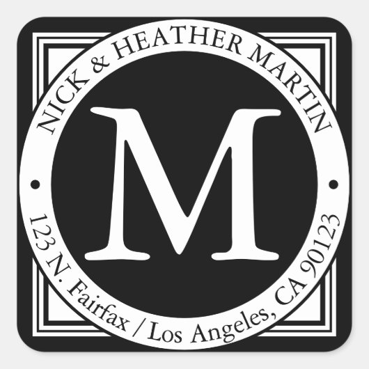 Namen, Achternaam Initiaal & Retouradres | B&W Vierkante Sticker (Voorkant)