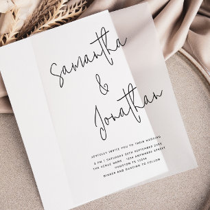 Namen in informele script bruiloft overlay vellum uitnodigingen