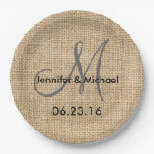 Namen Rustic Burlap Wedding Monogram Datum Papieren Bordje (Voorkant)
