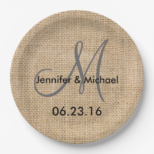 Namen Rustic Burlap Wedding Monogram Datum Papieren Bordje (Voorkant)