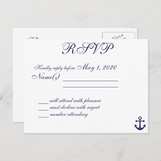 Namen van Navy Blue Nautical Wedding RSVP Briefkaa Uitnodiging Briefkaart (Voorkant / Achterkant)
