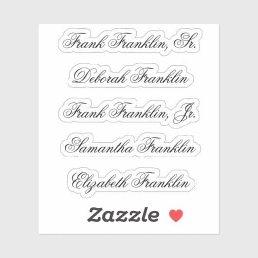 Namen van vijf gasten in Fancy Script Calligraphy Sticker (Vel)