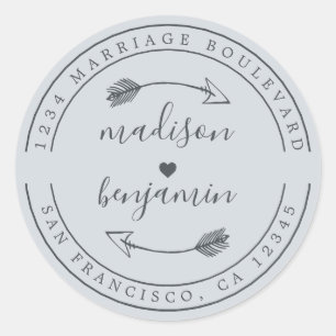 Names Heart Arrow Blue Wedding Return Address Ronde Sticker