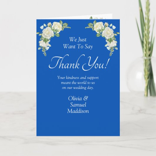 Names & Message on Cobalt Blue & White Roses Bedankkaart (Voorkant)