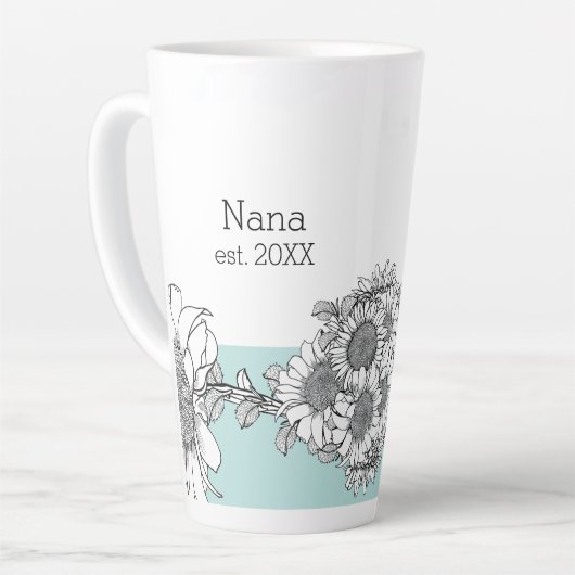 Nana Est. Year Hand-Drawn Sunflower Turquoise Latte Mok (Linkerhoek)