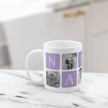 NANA Grand-mère Photo Collage Mug | Violet<br><div class="desc">Customisez cette jolie confection de tasse moderne pour célébrer votre grand-mère préférée cette fête des mères, Noël ou anniversaire ! Le design alterne les carrés de photos et les blocs de lettres violets orchidées épelant "NANA" en lettres serif modernes avec un coeur blanc dans le dernier carré. Ajoutez cinq de...</div>